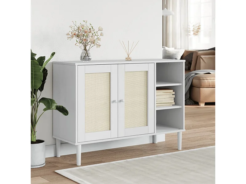 Buffet | Bahut | Meuble de rangement SENJA aspect rotin blanc 112x40x80cm bois massif de pin
