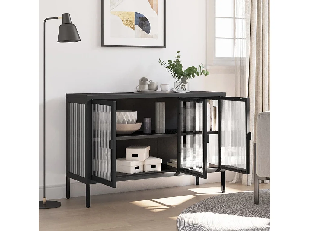 Credenza | Buffet | Armadio Nera 105x35x70 cm Vetro e Acciaio