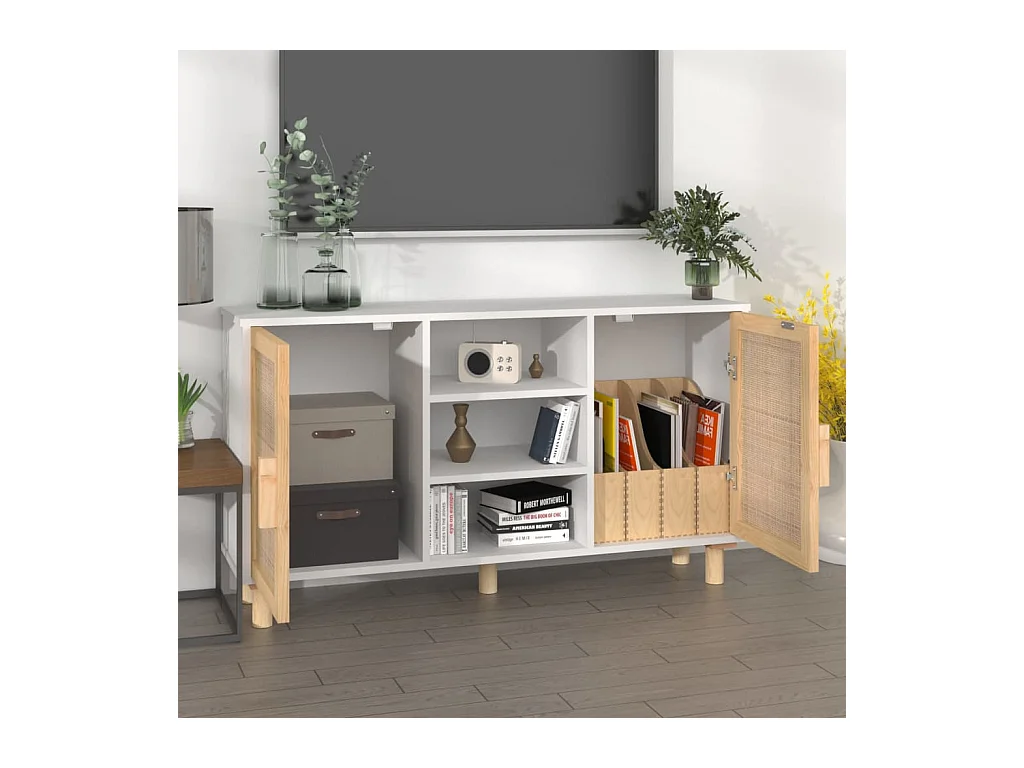 Buffet | Bahut | Meuble de rangement Blanc 105x30x60 cm Bois de pin massif et rotin naturel
