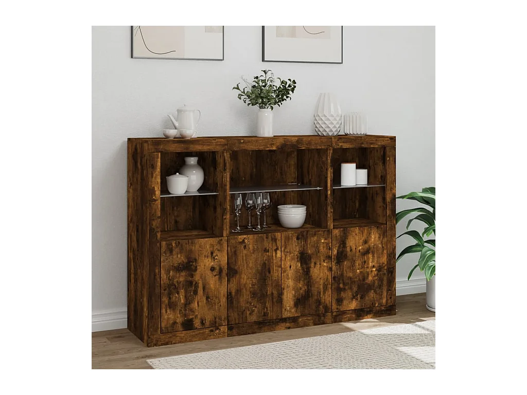 Buffets | Bahuts | Meuble de rangement avec lumières LED 3 pcs chêne fumé bois d'ingénierie