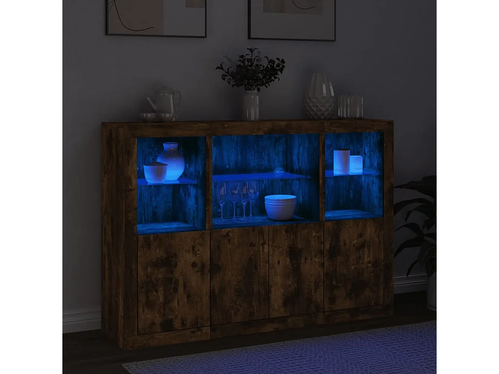 Buffets | Bahuts | Meuble de rangement avec lumières LED 3 pcs chêne fumé bois d'ingénierie
