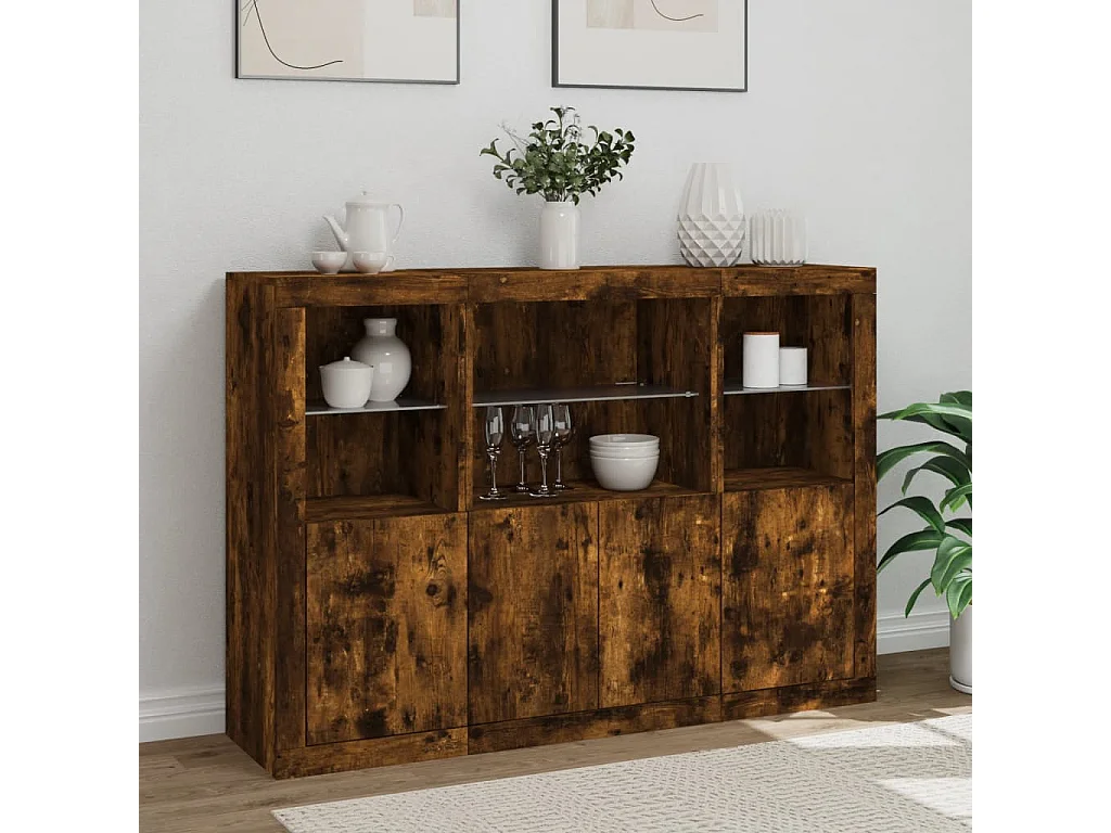Buffets | Bahuts | Meuble de rangement avec lumières LED 3 pcs chêne fumé bois d'ingénierie