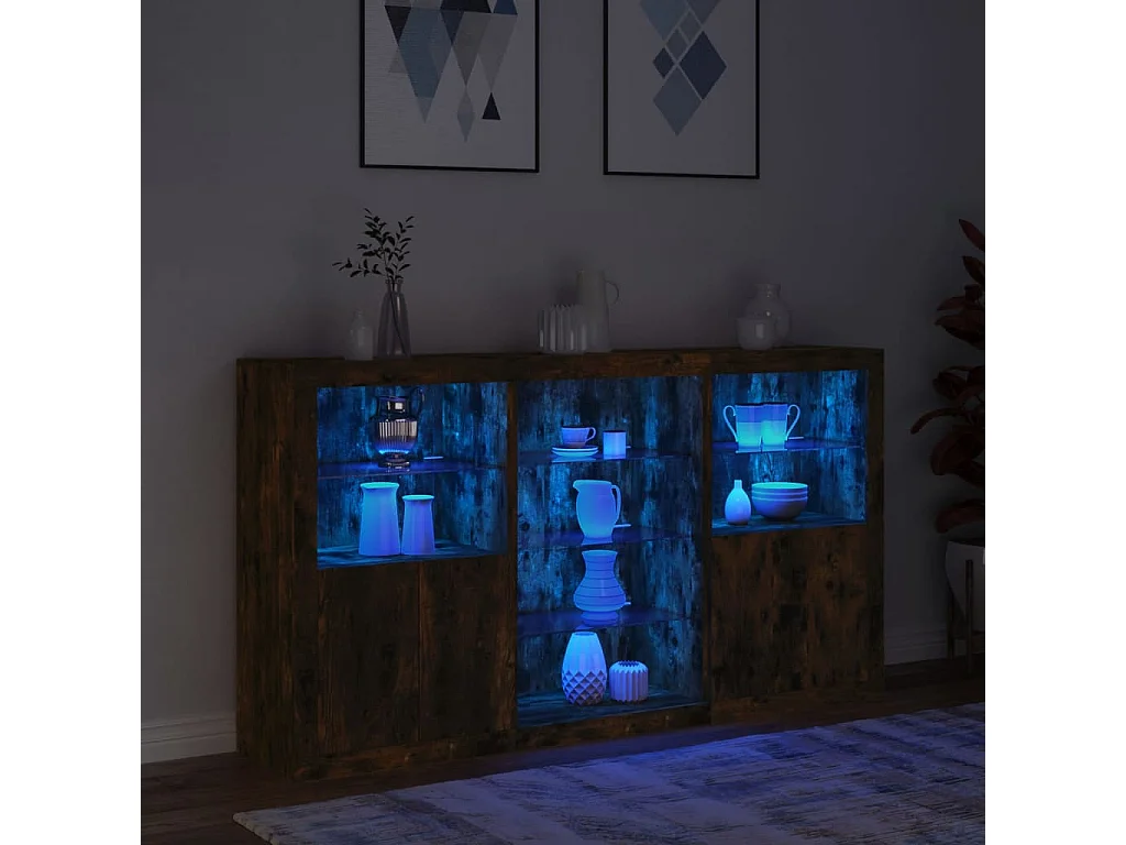 Buffet | Bahut | Meuble de rangement avec lumières LED chêne fumé 181,5x37x100 cm