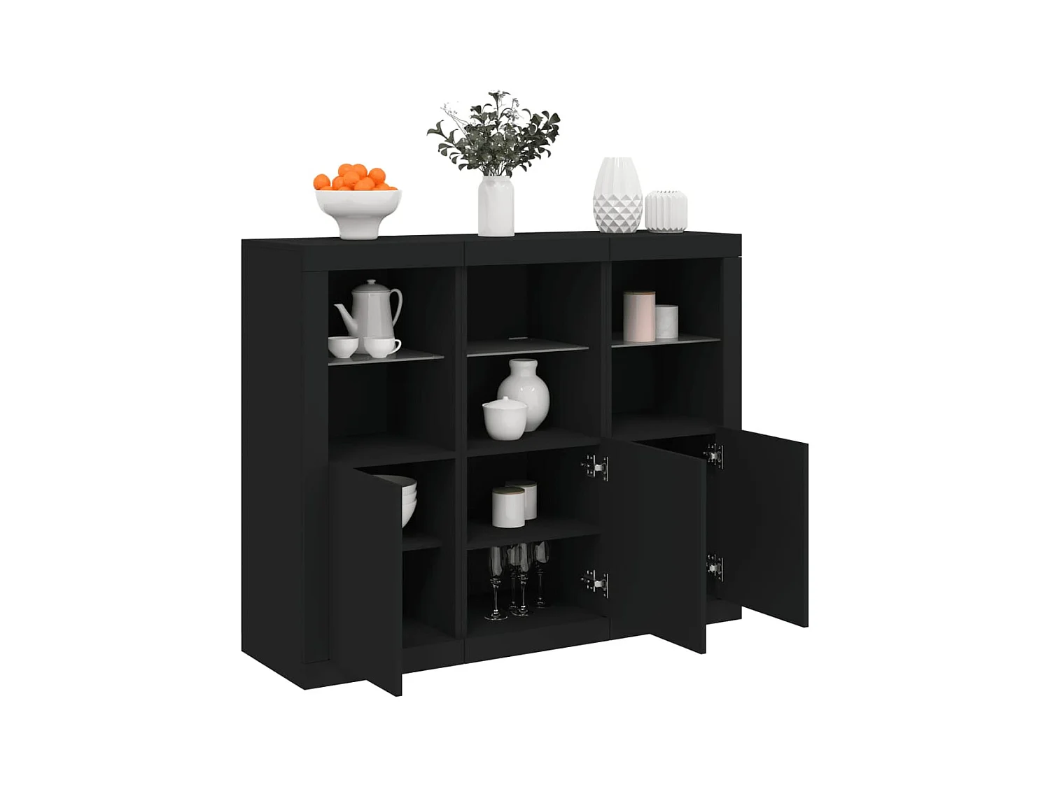 Buffets | Bahuts | Meuble de rangement avec lumières LED 3 pcs noir bois d'ingénierie