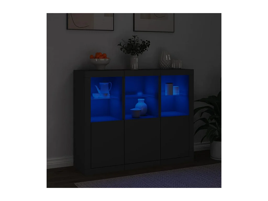 Buffets | Bahuts | Meuble de rangement avec lumières LED 3 pcs noir bois d'ingénierie