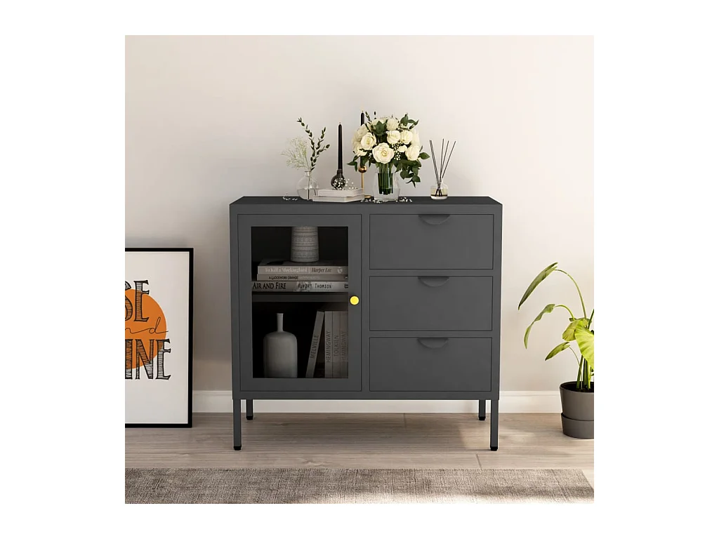 Credenza | Buffet | Armadio Antracite 75x35x70 cm in Acciaio e Vetro Temperato
