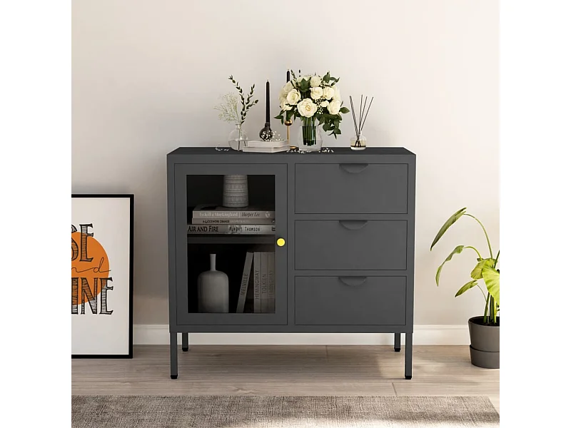 Buffet | Commode à tiroir | Meuble de rangement Anthracite 75x35x70 cm Acier et verre trempé