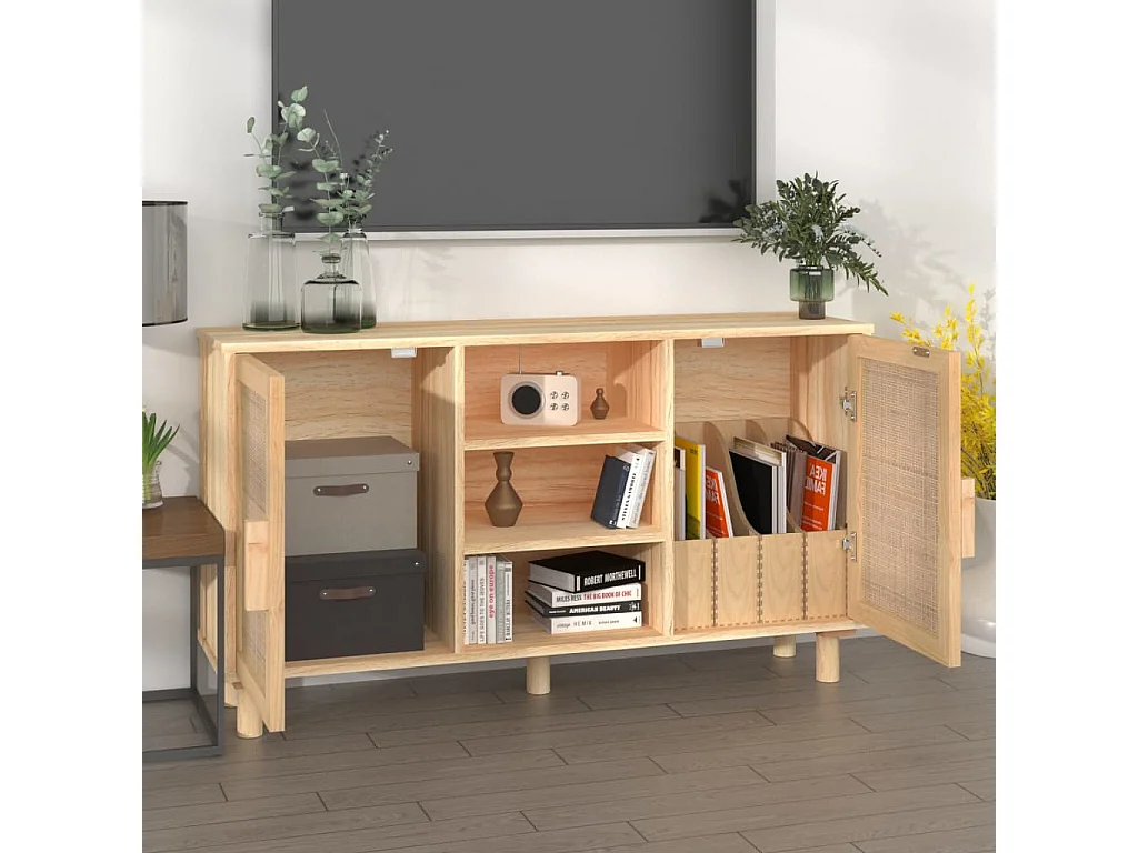 Buffet | Bahut | Meuble de rangement Marron 105x30x60 cm Bois de pin massif et rotin naturel