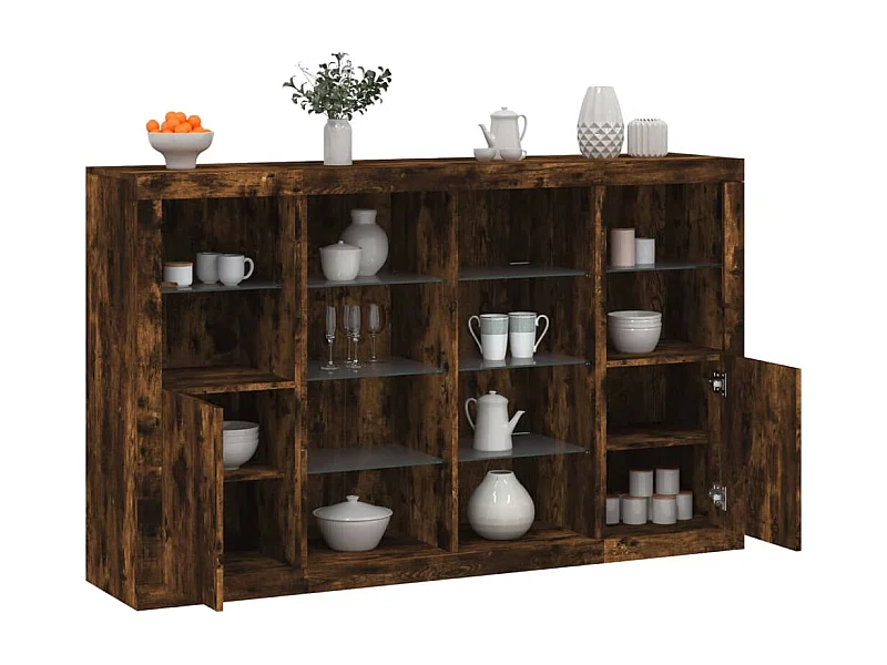 Buffets | Bahuts | Meuble de rangement avec lumières LED 3 pcs chêne fumé bois d'ingénierie