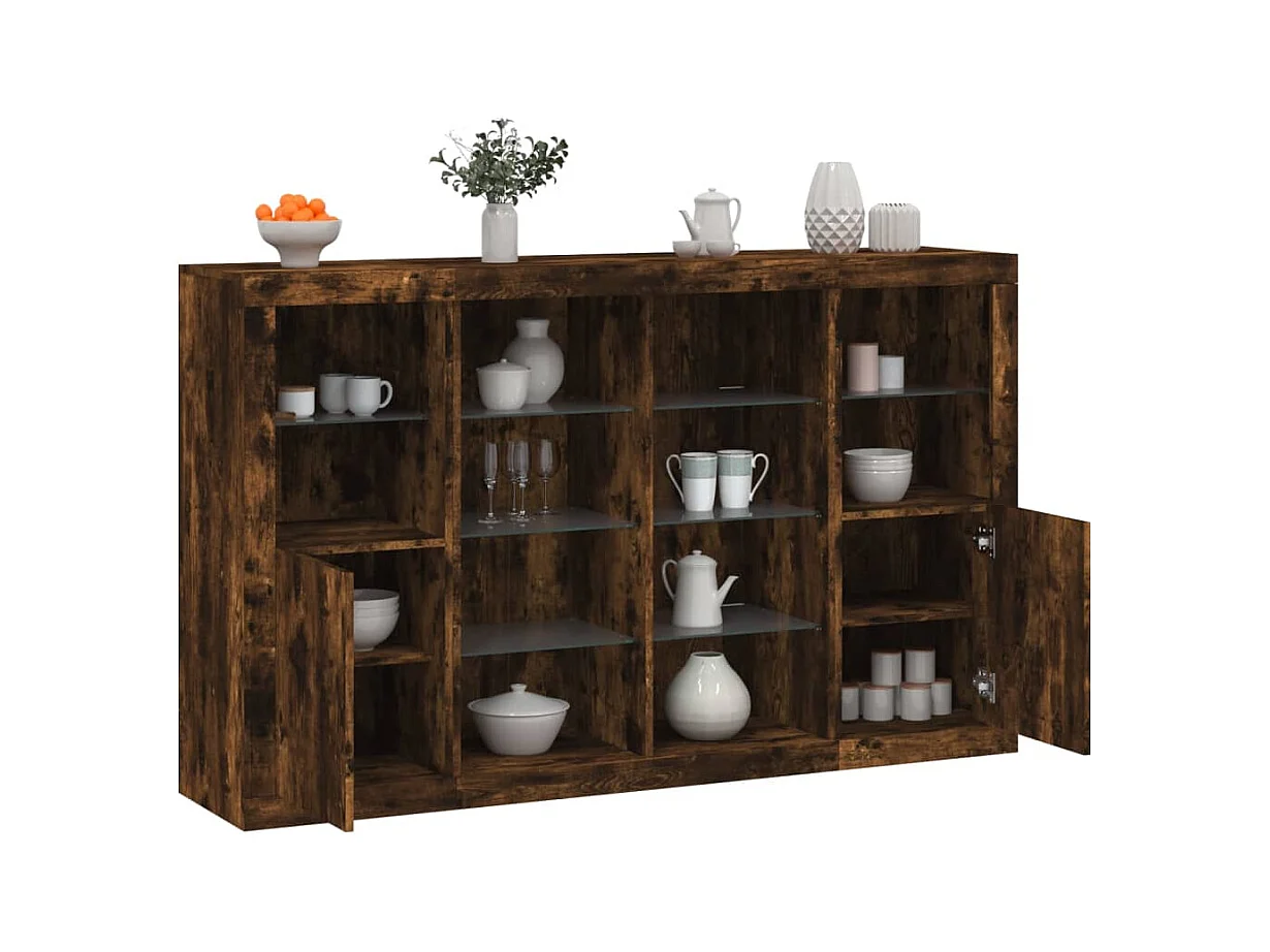 Credenze | Buffet | Armadi con Luci LED 3 pz Rovere Fumo in Legno Multistrato