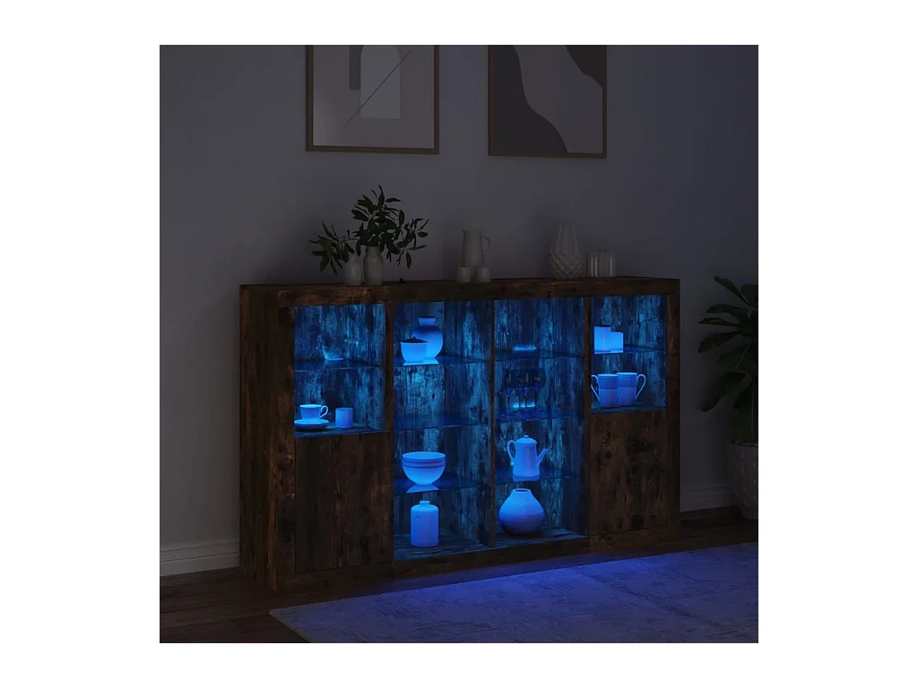 Credenze | Buffet | Armadi con Luci LED 3 pz Rovere Fumo in Legno Multistrato