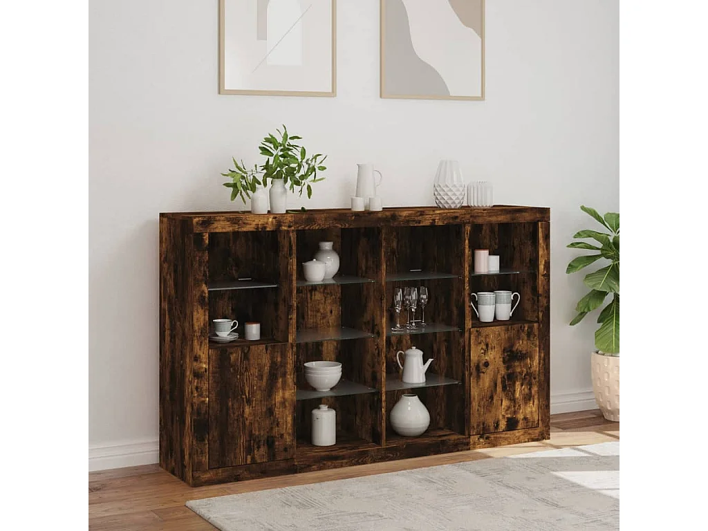 Buffets | Bahuts | Meuble de rangement avec lumières LED 3 pcs chêne fumé bois d'ingénierie