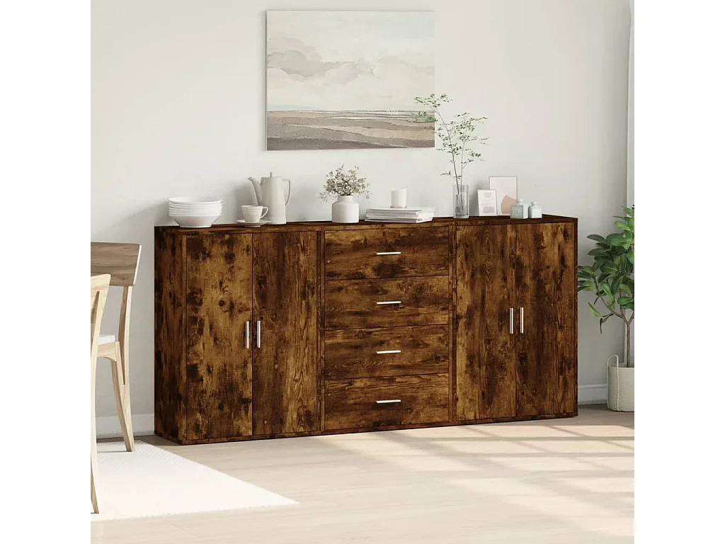 Buffet | Commode à tiroir | Meuble de rangements | Bahuts | Meuble de rangement 3 pcs chêne fumé 60x31x84 cm bois d'ingénierie