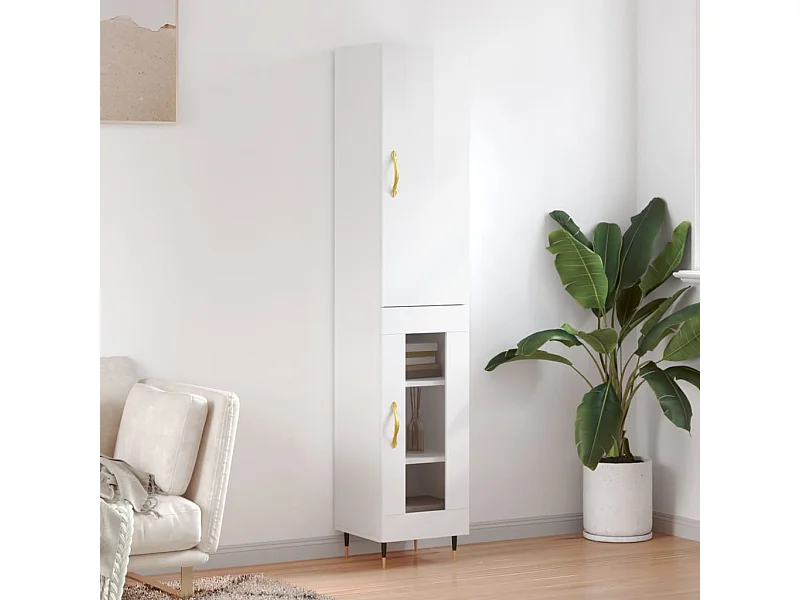 Credenza | Buffet | Armadio 34,5x34x180 cm in Legno Multistrato Bianco Lucido