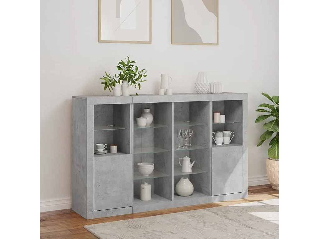 Buffets | Bahuts | Meuble de rangement avec lumières LED 3 pcs gris béton bois d'ingénierie