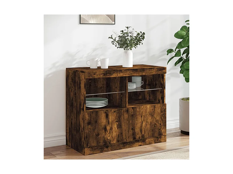 Buffet | Bahut | Meuble de rangement avec lumières LED chêne fumé 81x37x67 cm