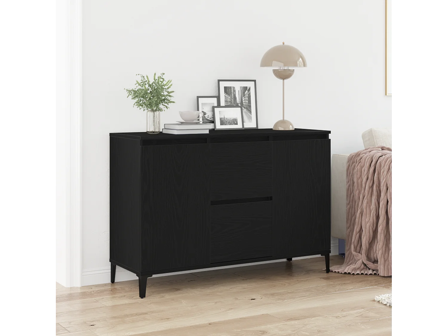 Buffet | Bahut | Meuble de rangement Chêne noir Bois de chêne massif, Acier enduit de poudre