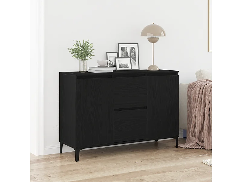 Buffet | Bahut | Meuble de rangement Chêne noir Bois de chêne massif, Acier enduit de poudre