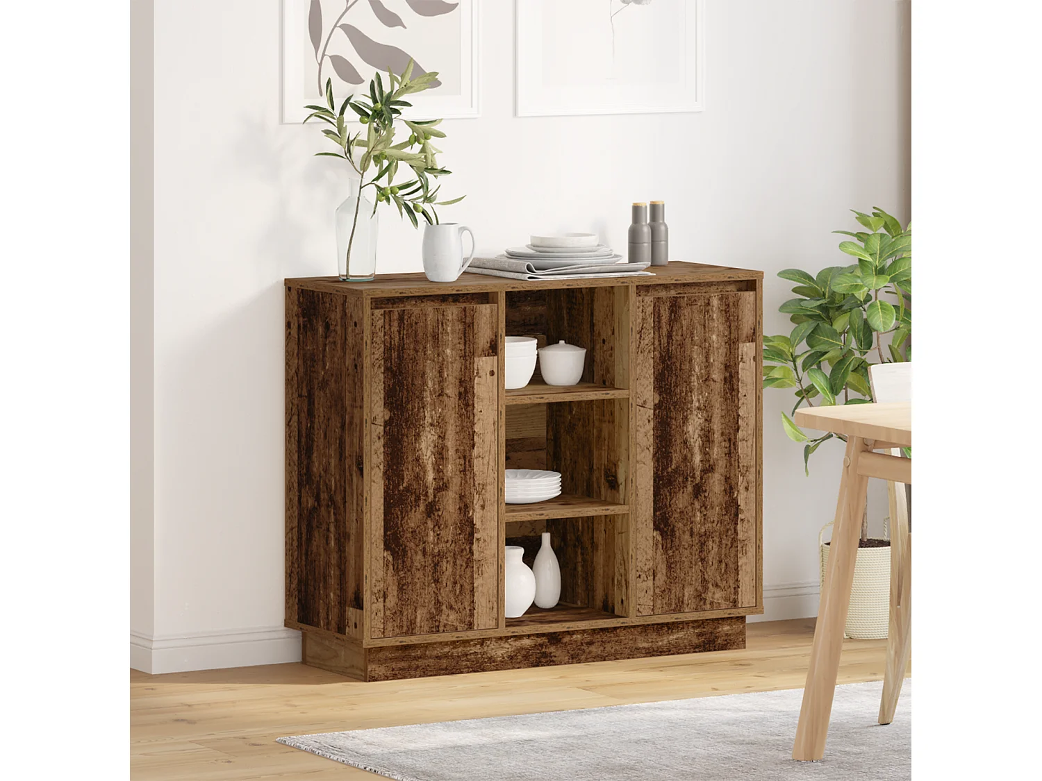 Buffet | Bahut | Meuble de rangement avec LED Bois Vieilli 90x32x75 cm Bois d'ingénierie