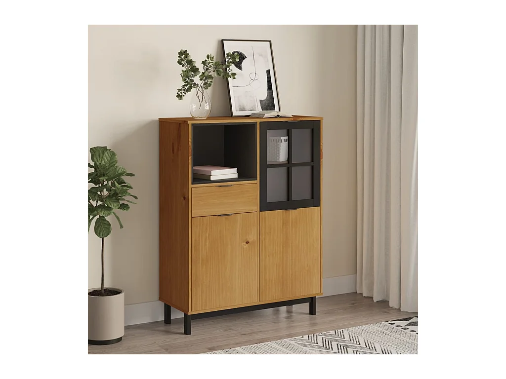 Buffet | Commode à tiroir | Meuble de rangement avec porte vitrée FLAM 92x40x122,5 cm bois massif de pin