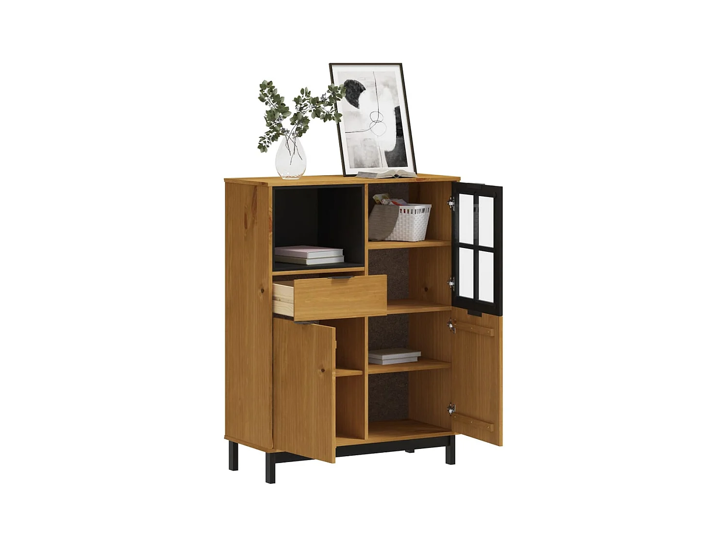 Buffet | Commode à tiroir | Meuble de rangement avec porte vitrée FLAM 92x40x122,5 cm bois massif de pin