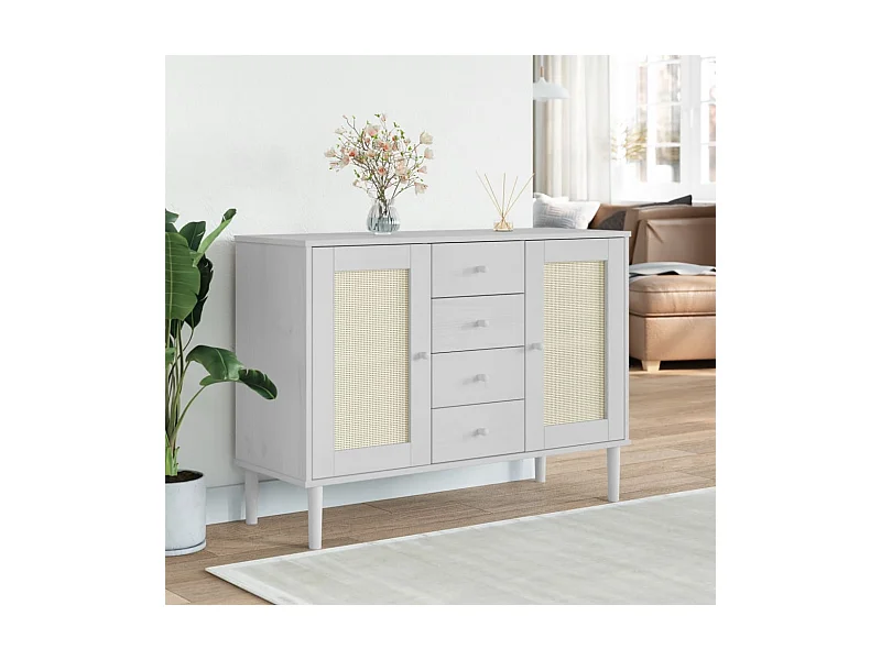 Credenza | Buffet | Armadio SENJA Aspetto Rattan Bianco 112x40x80 cm Massello Pino
