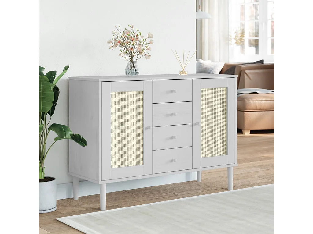 Credenza | Buffet | Armadio SENJA Aspetto Rattan Bianco 112x40x80 cm Massello Pino