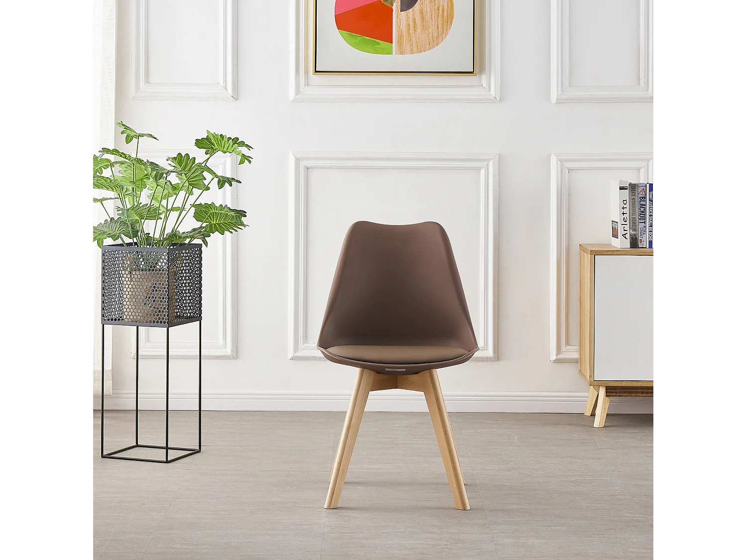 Ensemble de 4 chaises de salle à manger Lorenzo avec siège en similicuir élégant et pieds en bois massif - Parfait pour la salle à manger, le salon - Marron