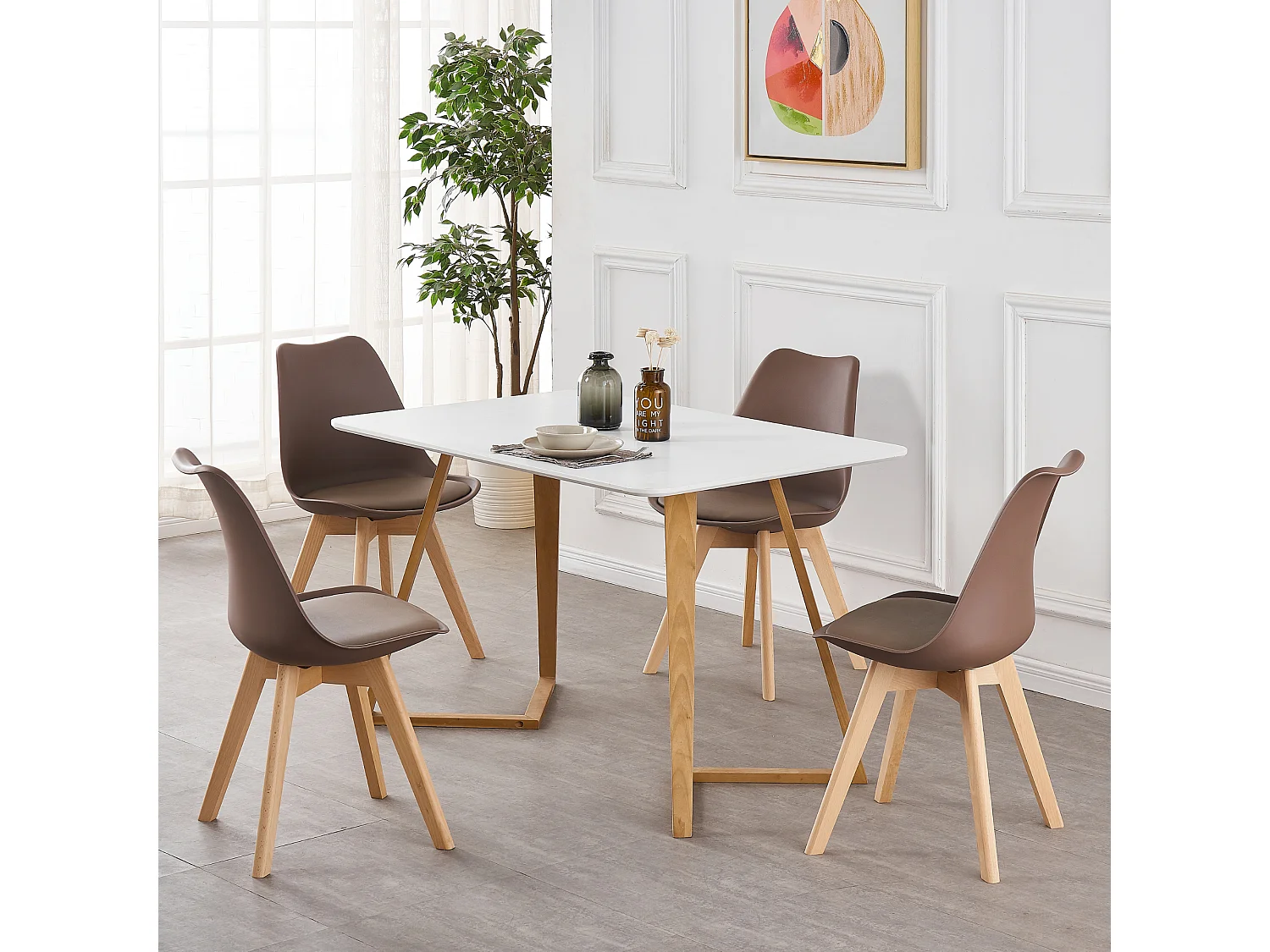 Ensemble de 4 chaises de salle à manger Lorenzo avec siège en similicuir élégant et pieds en bois massif - Parfait pour la salle à manger, le salon - Marron