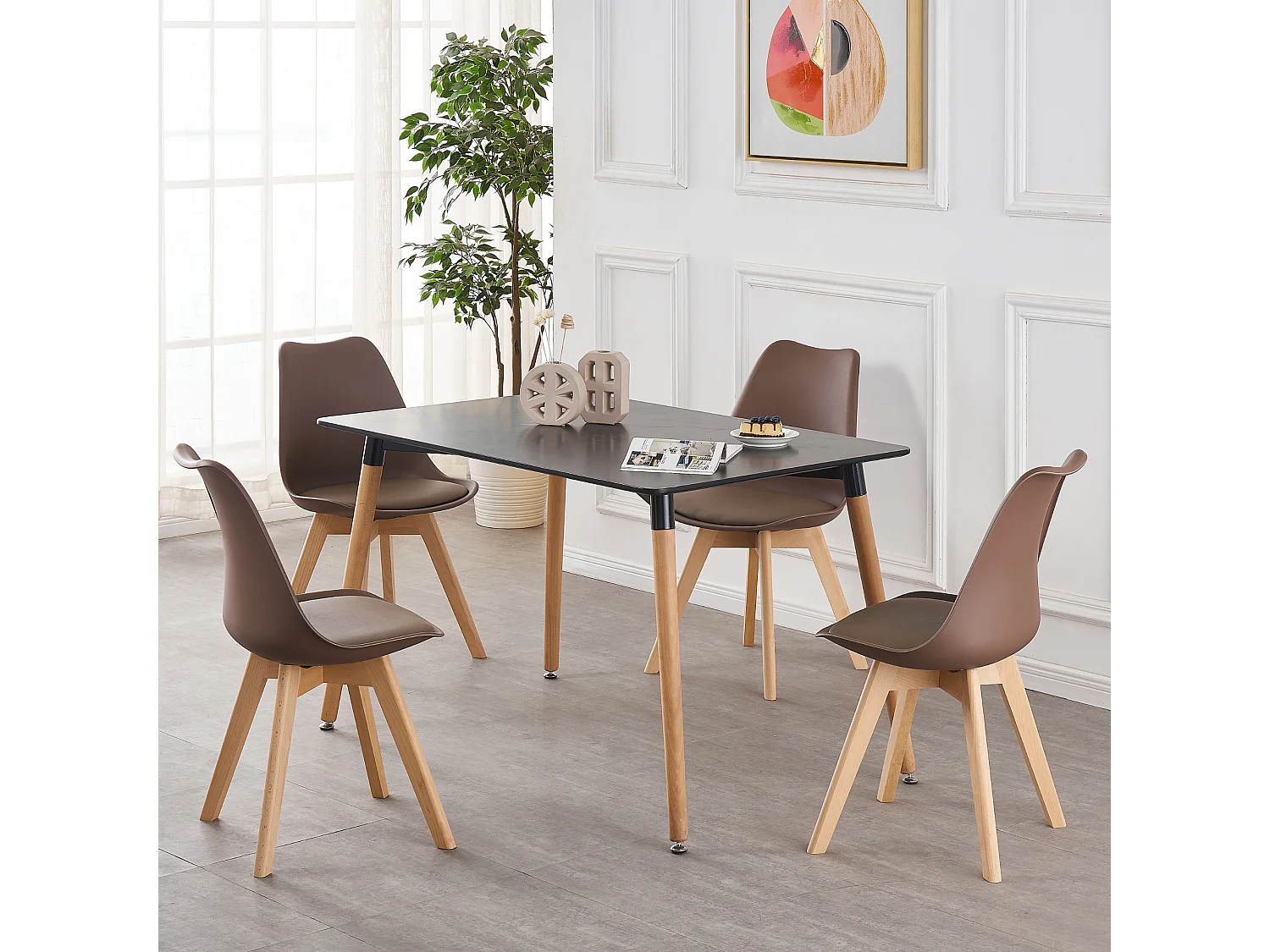 Ensemble de 4 chaises de salle à manger Lorenzo avec siège en similicuir élégant et pieds en bois massif - Parfait pour la salle à manger, le salon - Marron