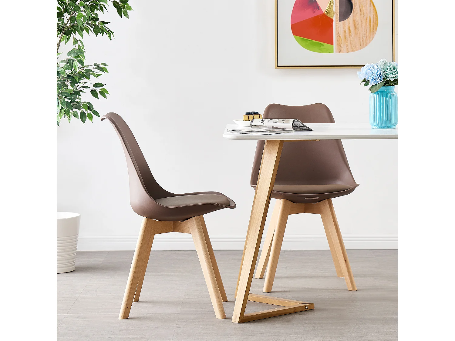 Ensemble de 4 chaises de salle à manger Lorenzo avec siège en similicuir élégant et pieds en bois massif - Parfait pour la salle à manger, le salon - Marron