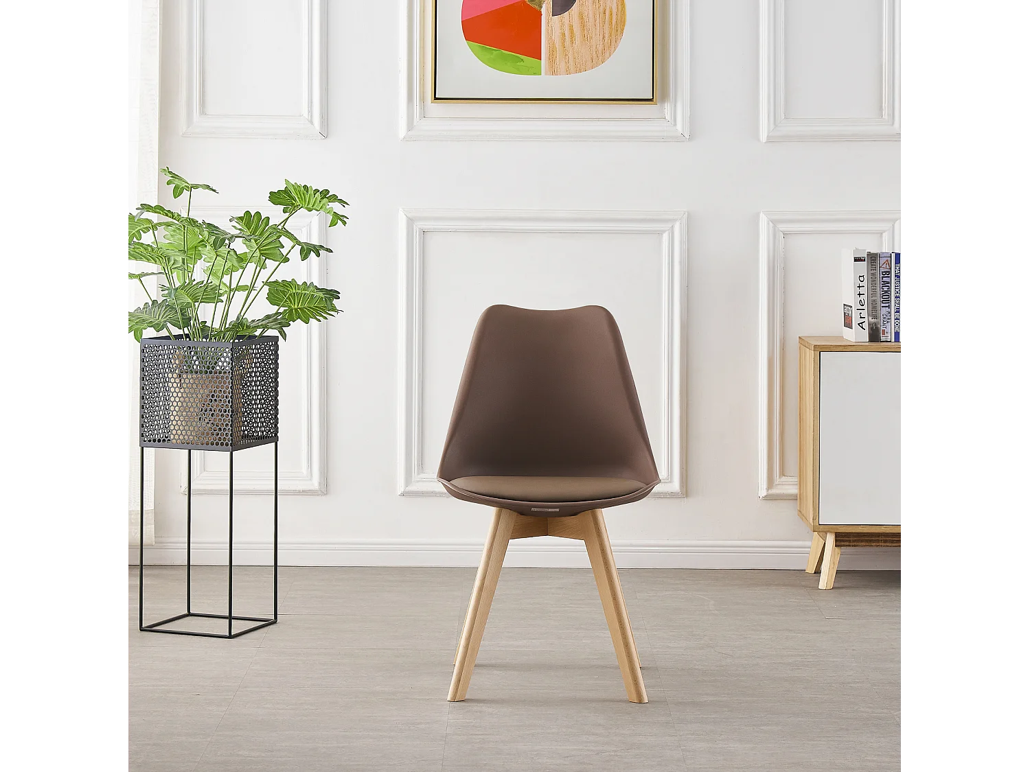 Ensemble de 4 chaises de salle à manger Lorenzo avec siège en similicuir élégant et pieds en bois massif - Parfait pour la salle à manger, le salon - Marron