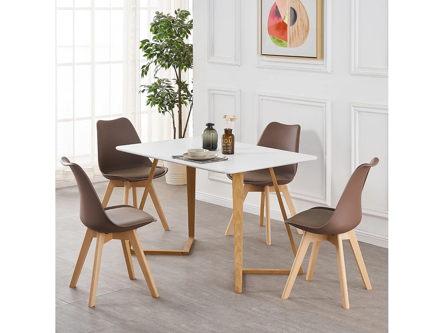 Ensemble de 4 chaises de salle à manger Lorenzo avec siège en similicuir élégant et pieds en bois massif - Parfait pour la salle à manger, le salon - Marron