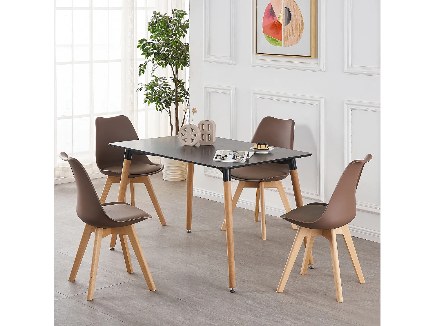 Ensemble de 4 chaises de salle à manger Lorenzo avec siège en similicuir élégant et pieds en bois massif - Parfait pour la salle à manger, le salon - Marron