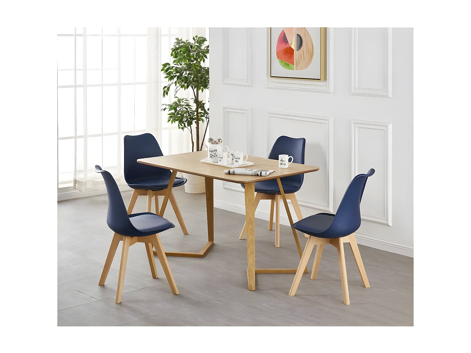 Ensemble de 4 Chaises de Salle à Manger Lorenzo avec Siège en Similicuir Élégant et Pieds en Bois Massif - Parfait pour Salle à Manger, Salon - Bleu