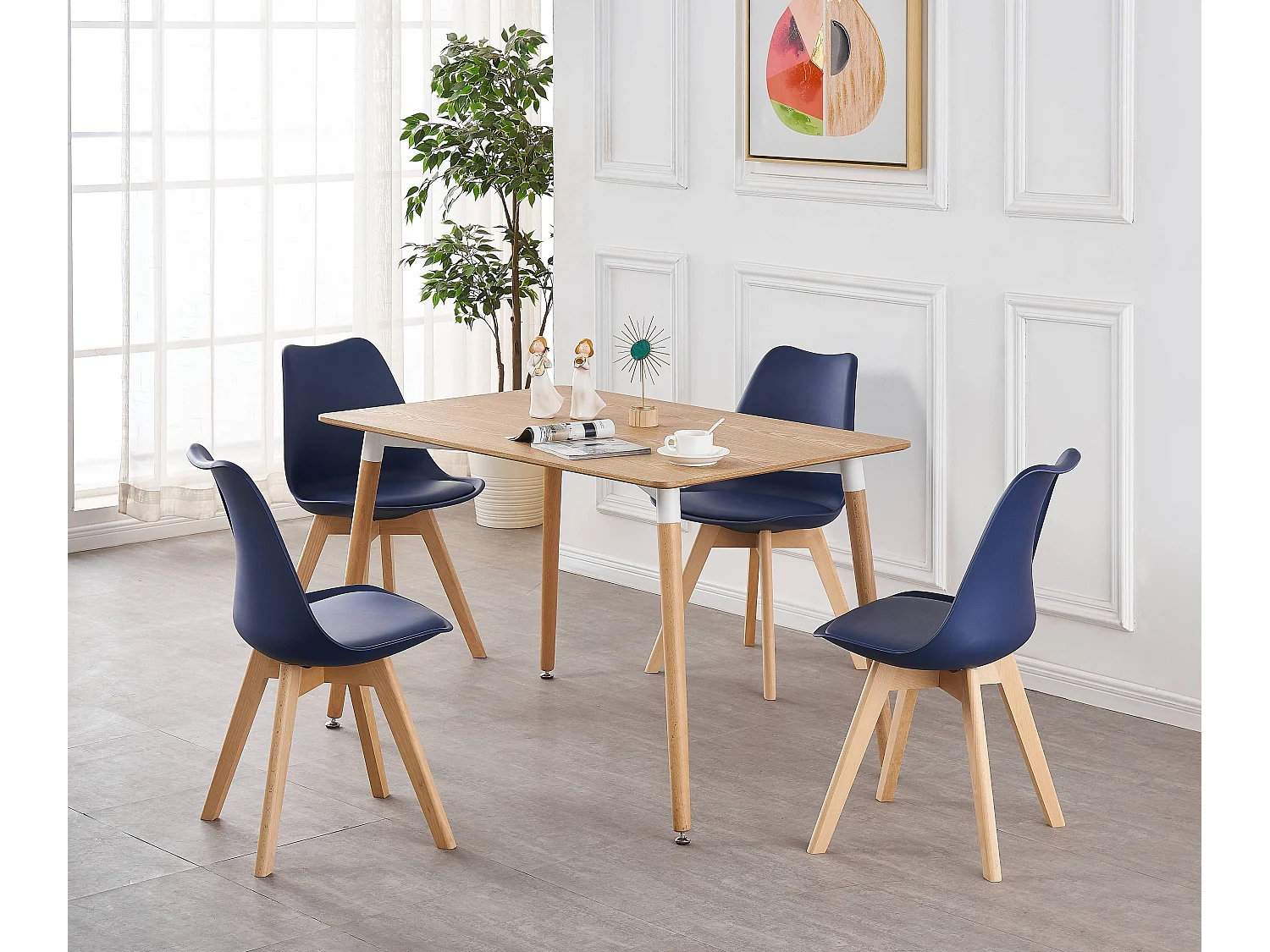 Ensemble de 4 Chaises de Salle à Manger Lorenzo avec Siège en Similicuir Élégant et Pieds en Bois Massif - Parfait pour Salle à Manger, Salon - Bleu