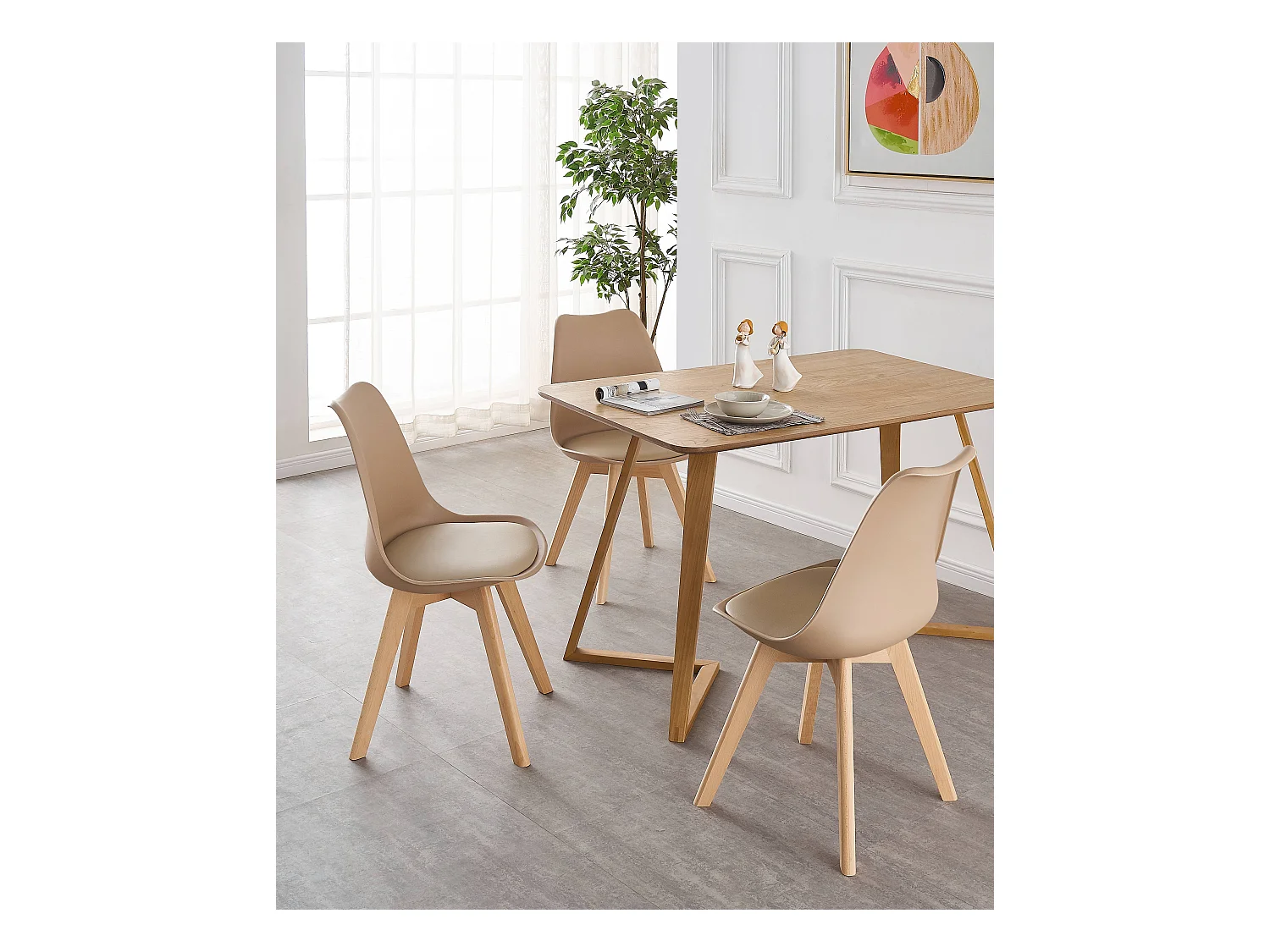 Ensemble de 4 Chaises de Salle à Manger Lorenzo avec Siège en Similicuir Élégant et Pieds en Bois Massif - Parfait pour Salle à Manger, Salon - Beige