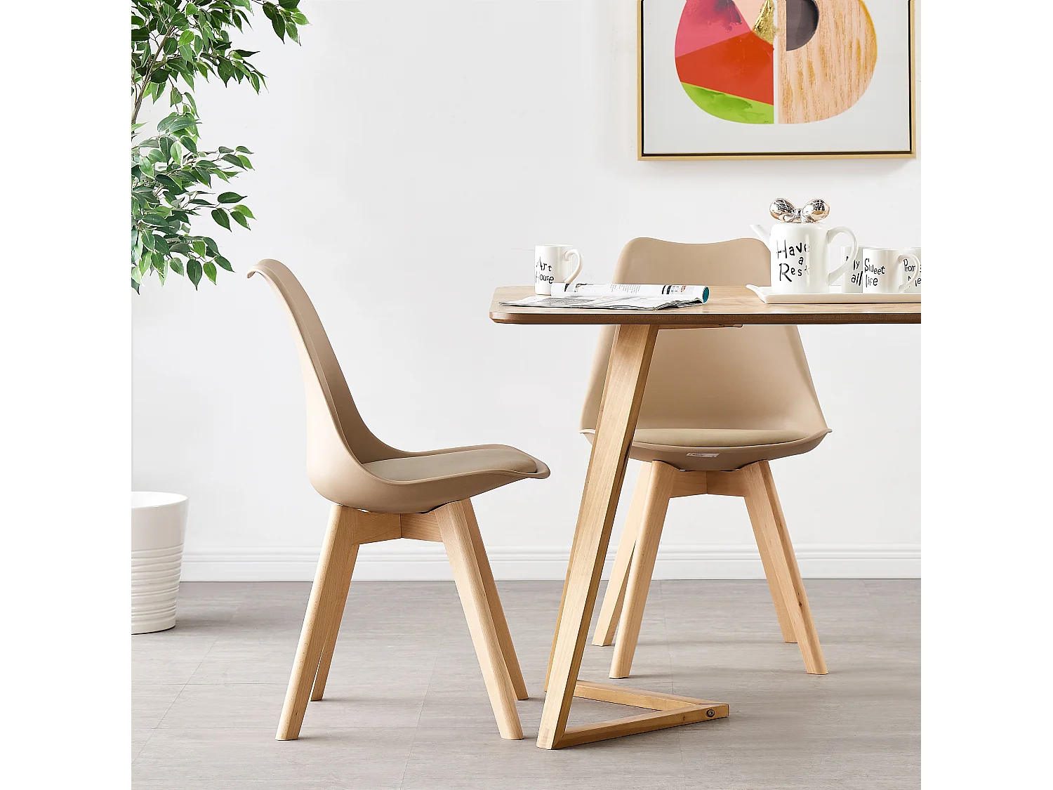 Ensemble de 4 Chaises de Salle à Manger Lorenzo avec Siège en Similicuir Élégant et Pieds en Bois Massif - Parfait pour Salle à Manger, Salon - Beige