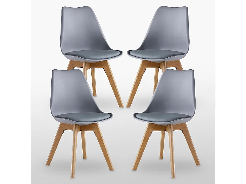 Ensemble de 4 chaises de salle à manger Lorenzo avec siège élégant en similicuir et pieds en bois massif - Parfait pour la salle à manger, le salon - Gris