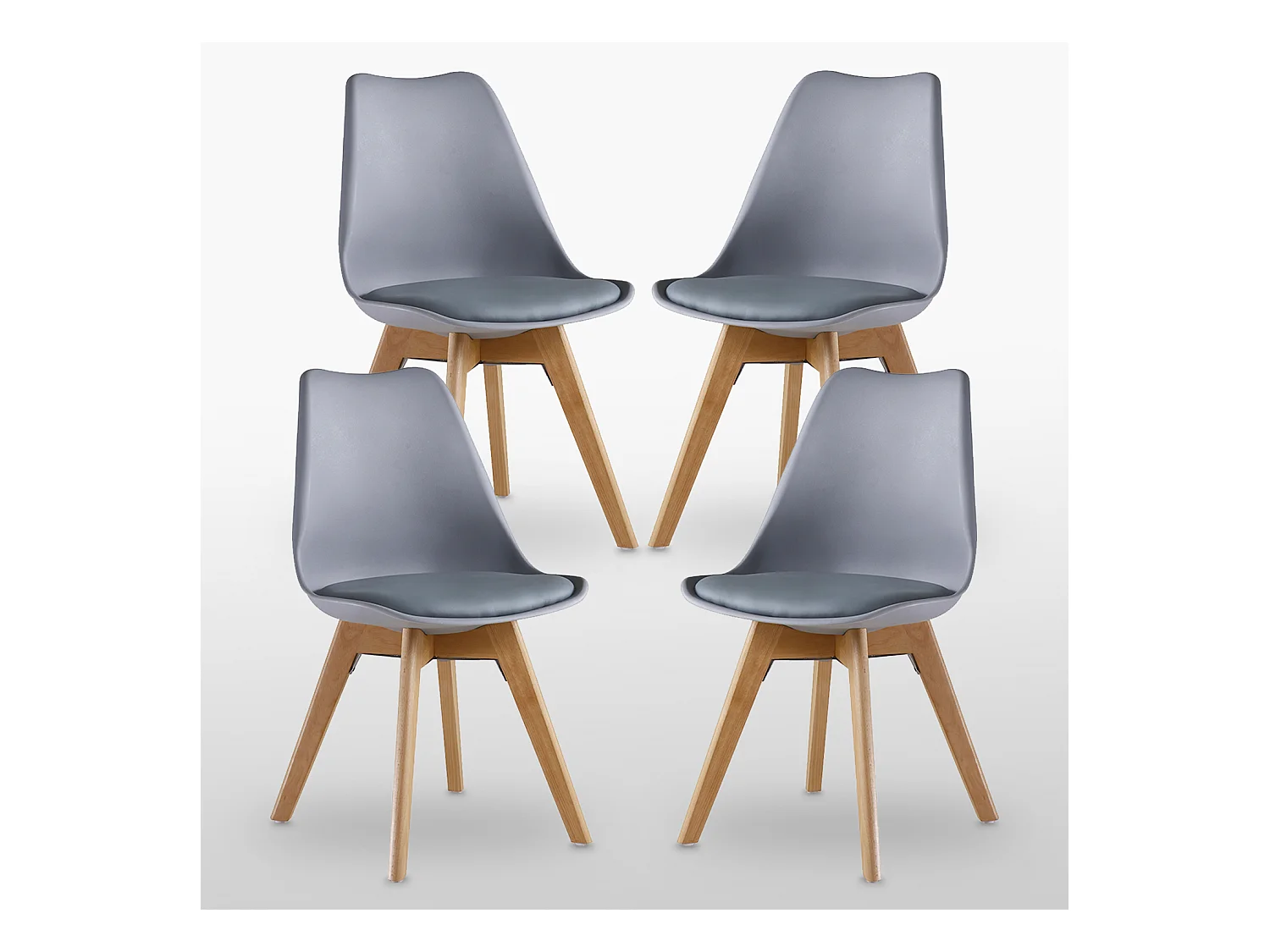 Ensemble de 4 chaises de salle à manger Lorenzo avec siège élégant en similicuir et pieds en bois massif - Parfait pour la salle à manger, le salon - Gris