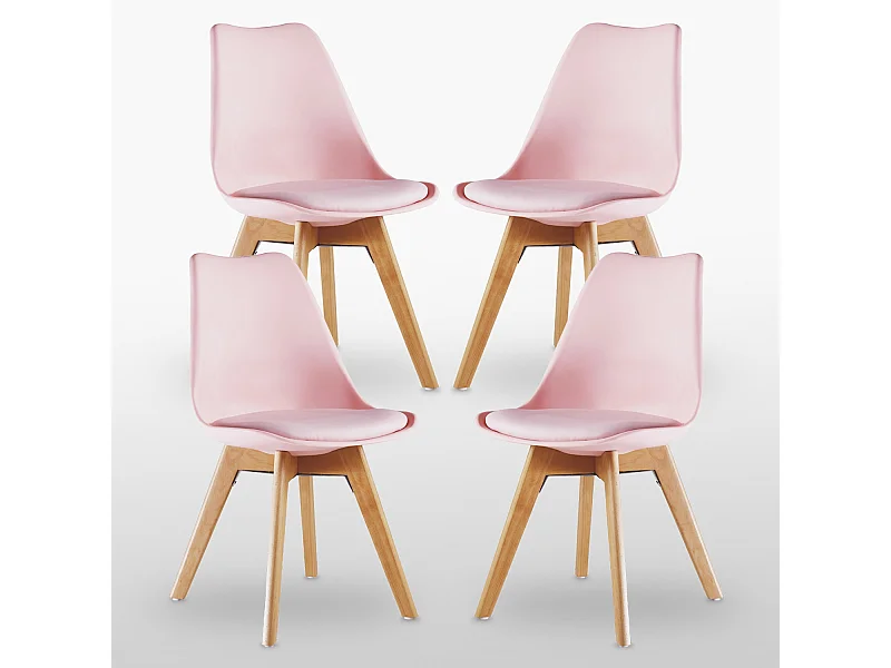 Ensemble de 4 chaises de salle à manger Lorenzo avec siège en similicuir élégant et pieds en bois massif - Parfait pour la salle à manger, le salon - Rose