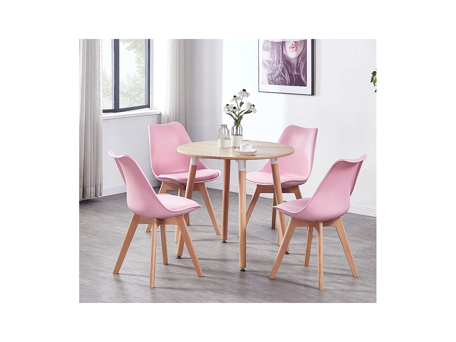 Ensemble de 4 chaises de salle à manger Lorenzo avec siège en similicuir élégant et pieds en bois massif - Parfait pour la salle à manger, le salon - Rose