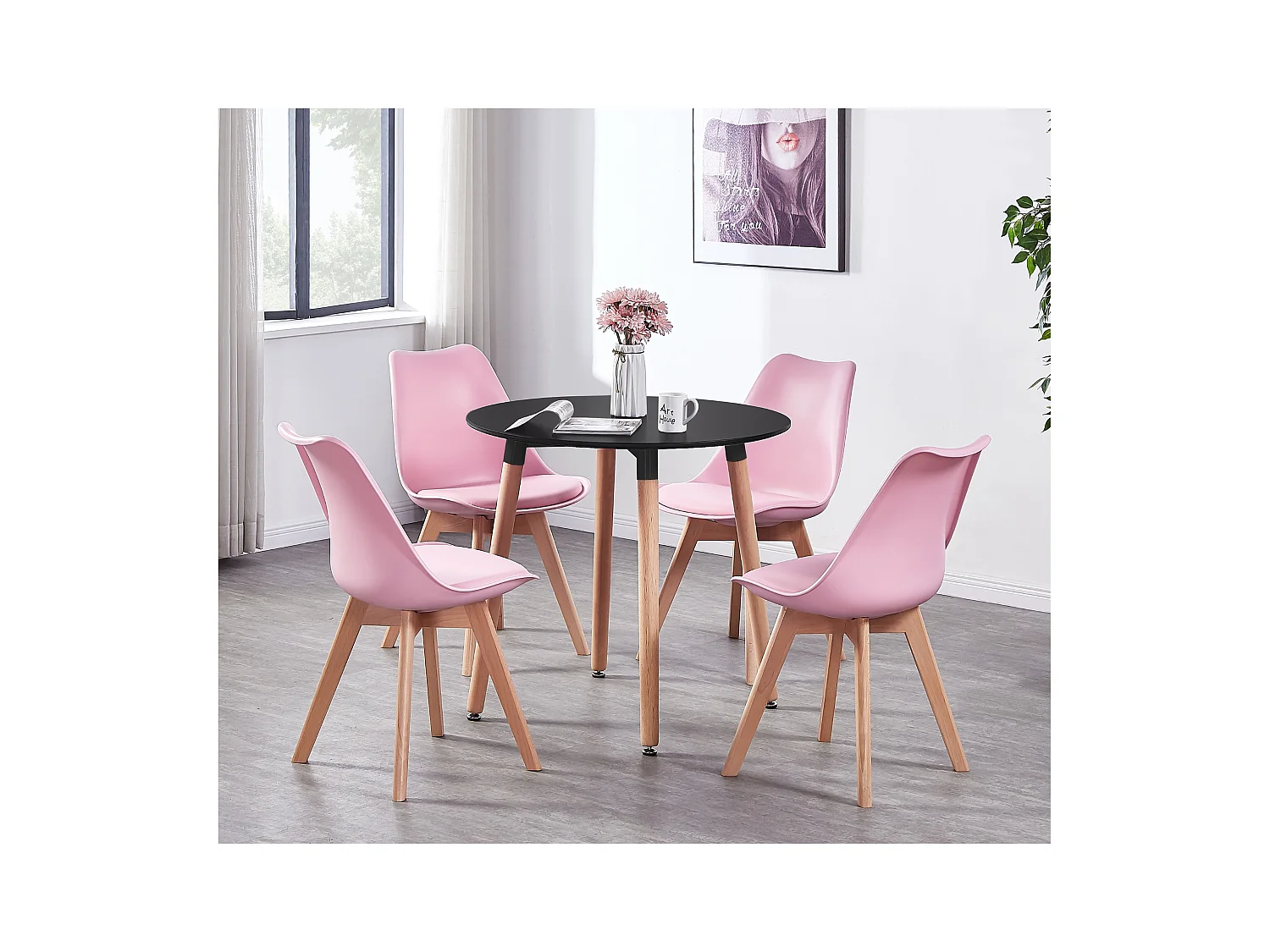 Ensemble de 4 chaises de salle à manger Lorenzo avec siège en similicuir élégant et pieds en bois massif - Parfait pour la salle à manger, le salon - Rose