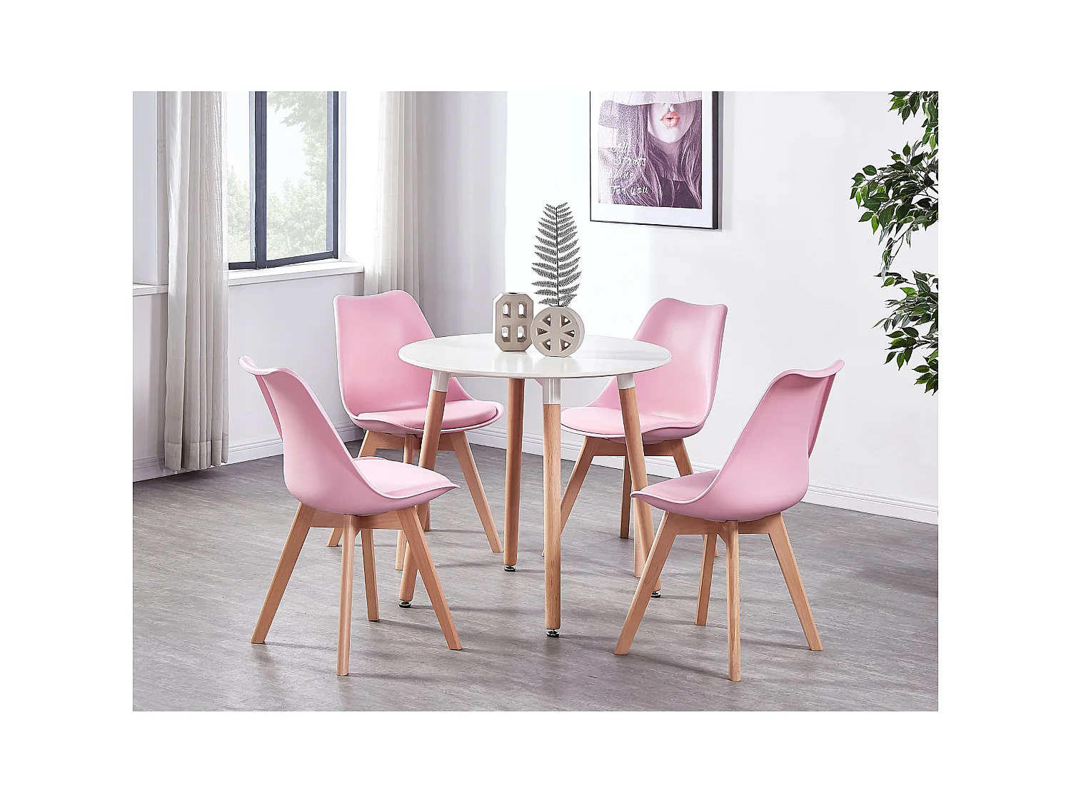 Ensemble de 4 chaises de salle à manger Lorenzo avec siège en similicuir élégant et pieds en bois massif - Parfait pour la salle à manger, le salon - Rose