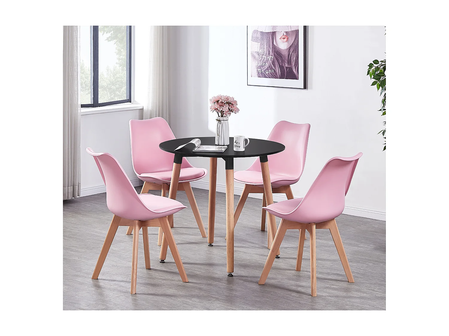 Set aus 4 Lorenzo-Esszimmerstühlen mit stilvollem Kunstledersitz und Massivholzbeinen – perfekt für Esszimmer, Wohnzimmer – Rosa