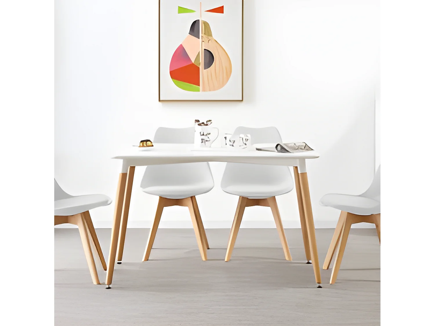 Ensemble de 4 chaises de salle à manger Lorenzo avec siège élégant en similicuir et pieds en bois massif - Parfait pour la salle à manger, le salon - Blanc