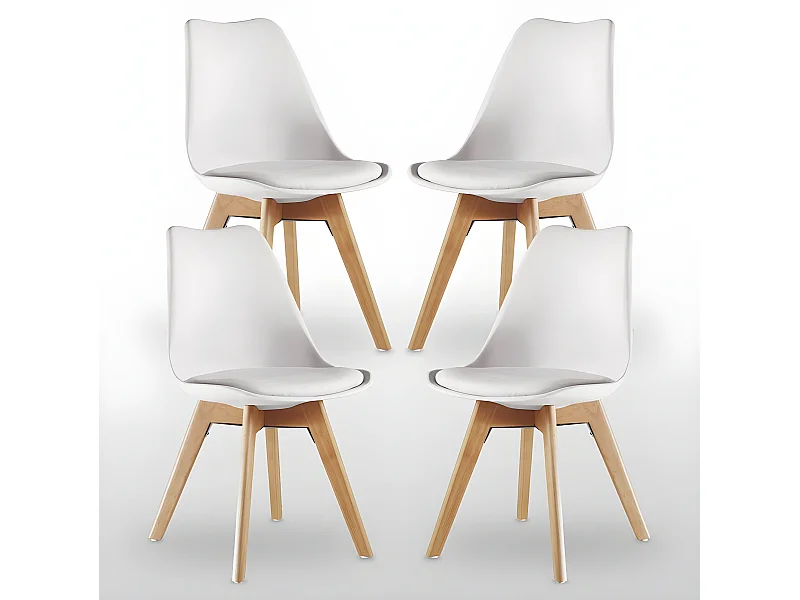 Ensemble de 4 chaises de salle à manger Lorenzo avec siège élégant en similicuir et pieds en bois massif - Parfait pour la salle à manger, le salon - Blanc