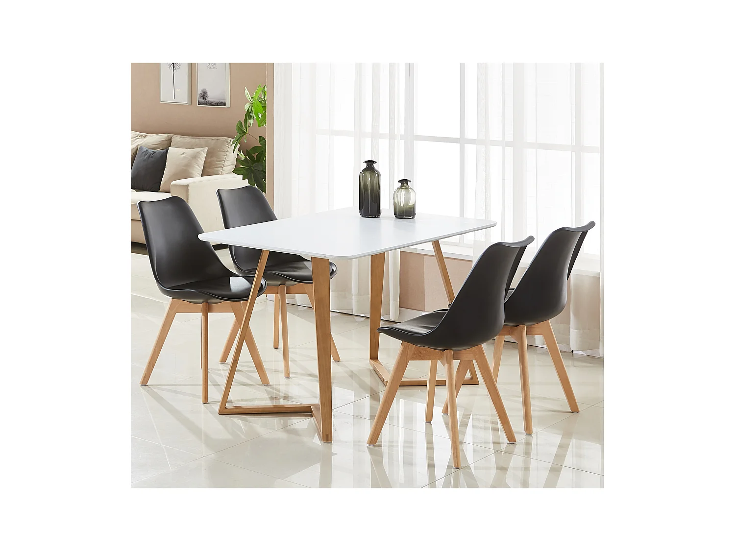 Ensemble de 4 chaises de salle à manger Lorenzo avec siège en similicuir élégant et pieds en bois massif - Parfait pour la salle à manger, le salon - Noir