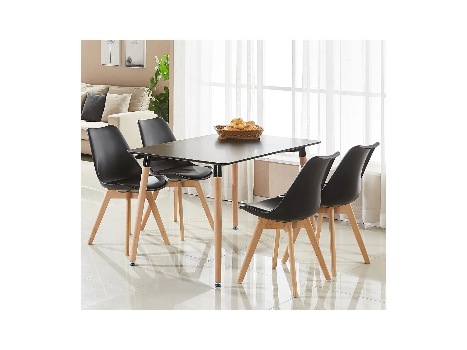 Ensemble de 4 chaises de salle à manger Lorenzo avec siège en similicuir élégant et pieds en bois massif - Parfait pour la salle à manger, le salon - Noir