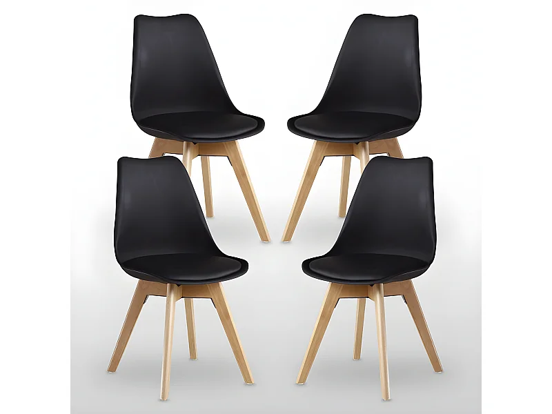 Ensemble de 4 chaises de salle à manger Lorenzo avec siège en similicuir élégant et pieds en bois massif - Parfait pour la salle à manger, le salon - Noir